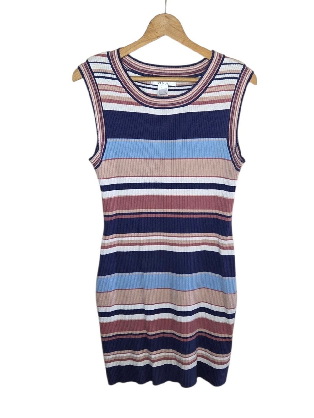 Lascana for Venus Pink Blue Beige Striped Ribbed Bodycon Knit Dress Size Large